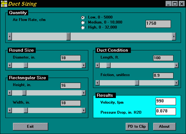 Screen capture: Duct sizing program for Windows